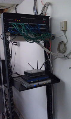 A server rack holding the network equipment.