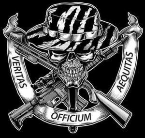 Veritas Officium Aequitas.  A skull wearing a hat with two different style guns forming an X behind it.