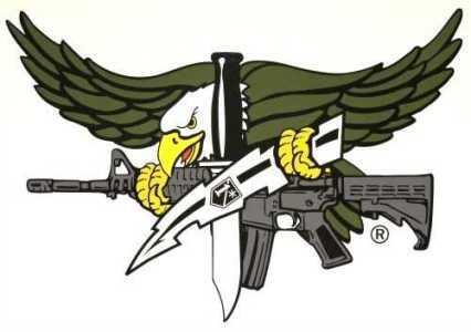 A flying eagle holding a gun and two knives.