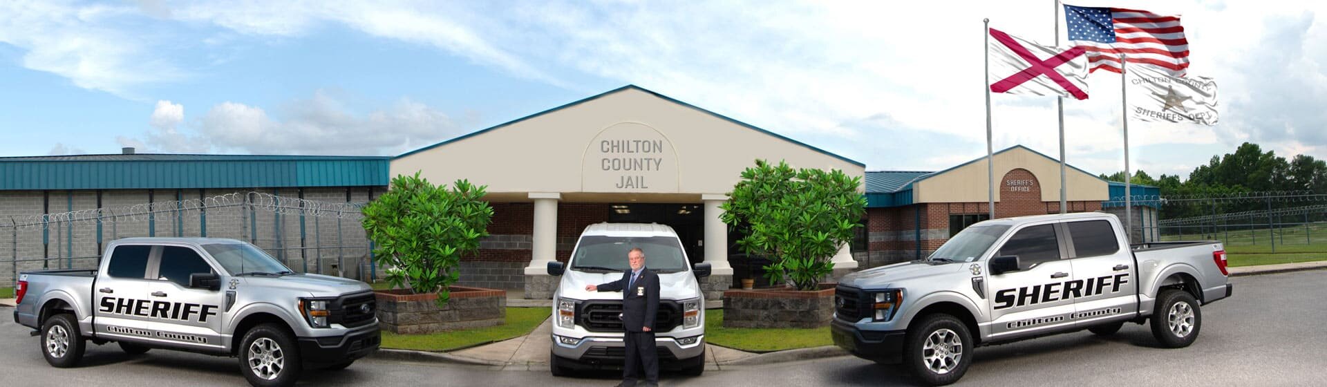 Chilton County Jail with Sheriff John Shearon and multiple patrol vehicles.